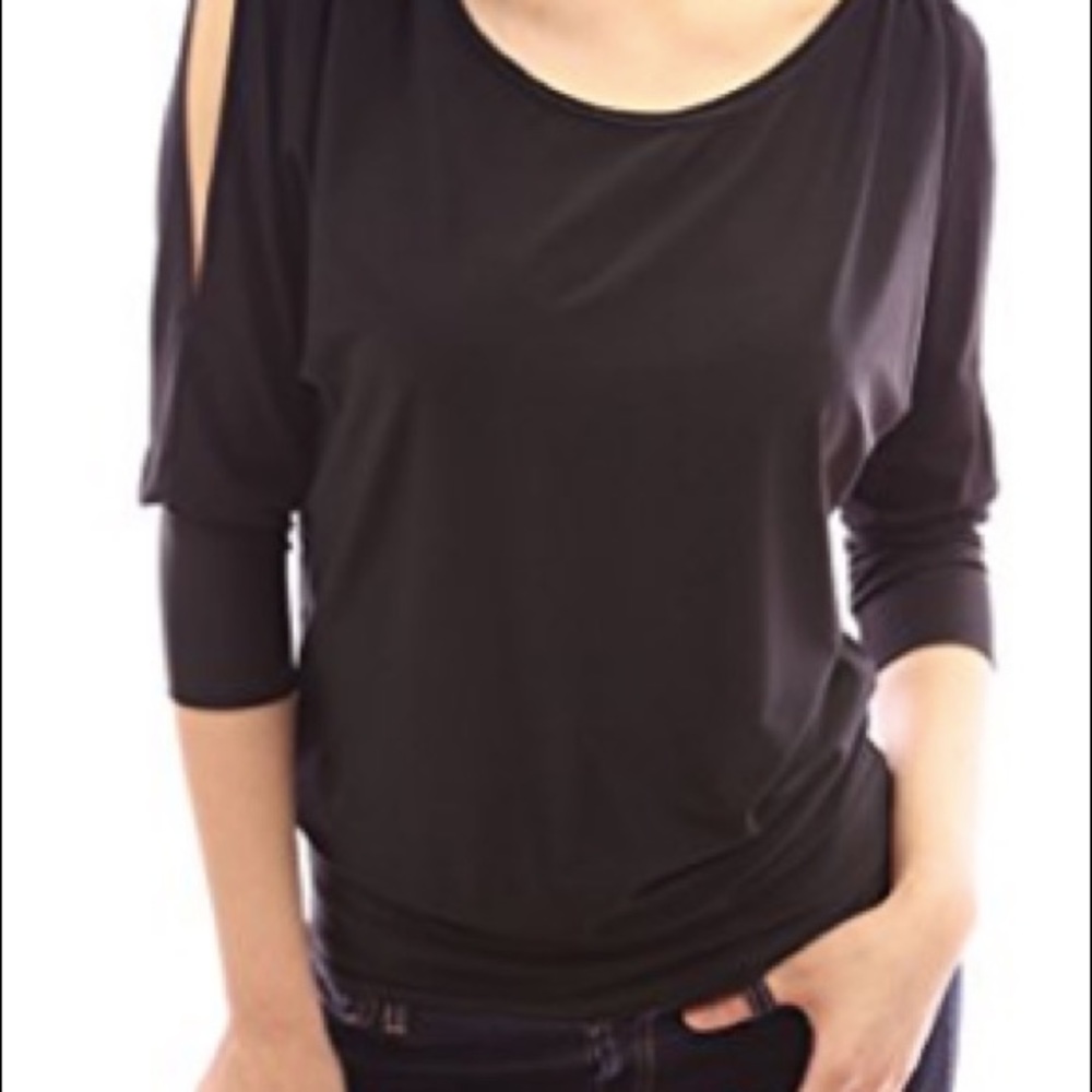 Cold shoulder/slit sleeve stretchy black top.